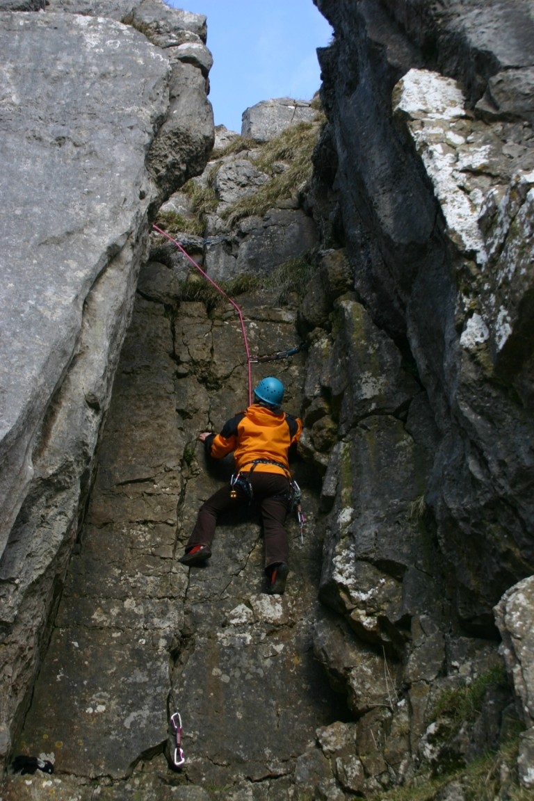 Nic Being Belayed Up A Chimney, Attermire Scar